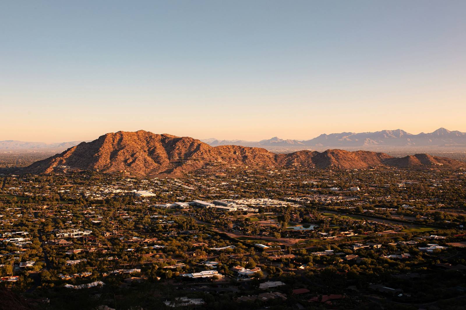 Phoenix skyline at sunset with Camelback Mountain